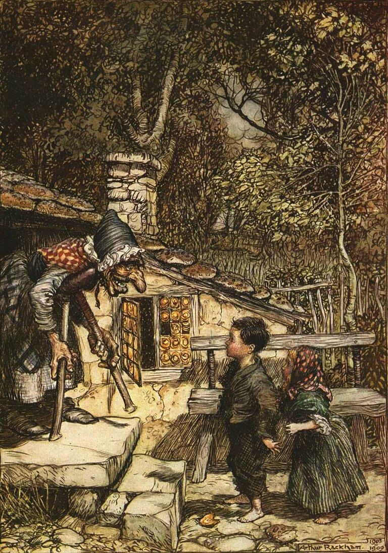 Hansel and Gretel at the gingerbread house, illustration by Arthur Rackham, 1909