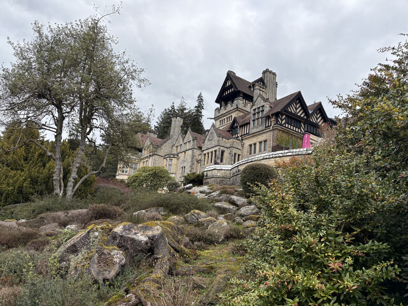 Cragside, the National Trust house near Rothbury, above its rocky hillside garden