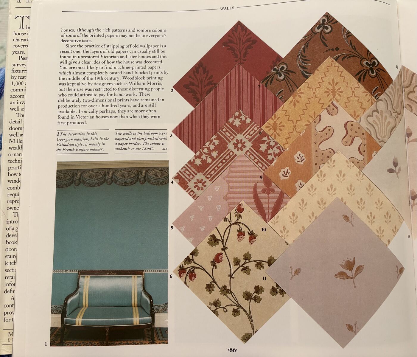 A spread from Period Details showing historic wallpapers arranged as diamond swatches beside a Georgian interior